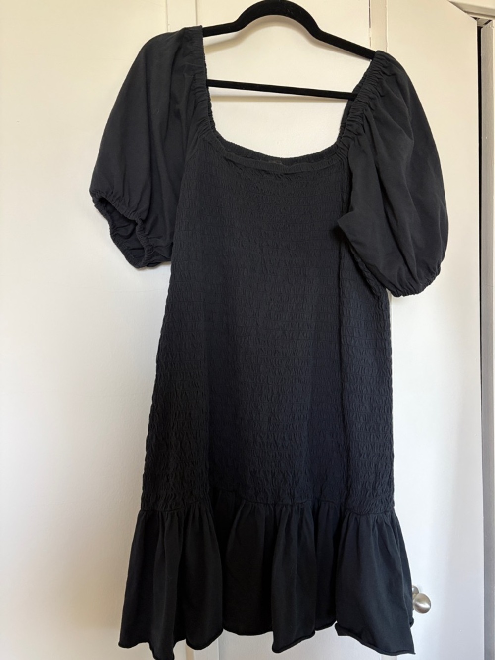 J. Crew Black Puff-Sleeve Smocked Mini Dress